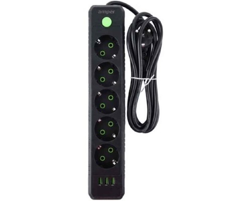 [Сетевые фильтры] Amper сетевой удлинитель, 4,0м, 5 розеток, 10А, 2500 Вт, 3usb, черный. [JH-1033U-4B]