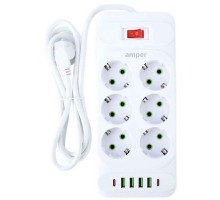 Amper сетевой удлинитель, 4,0м, 6 розеток, 10А, 2500 Вт, 4usb,2Type-C, белый. [JH-1076U-4W]