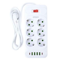 Amper сетевой удлинитель, 4,0м, 6 розеток, 10А, 2500 Вт, 4usb,2Type-C, белый. [JH-1076U-4W]