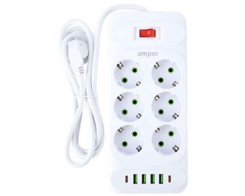 [Сетевые фильтры] Amper сетевой удлинитель, 4,0м, 6 розеток, 10А, 2500 Вт, 4usb,2Type-C, белый. [JH-1076U-4W]