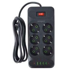 Amper сетевой удлинитель, 4,0м, 6 розеток, 10А, 2500 Вт, 4usb,2Type-C, черный. [JH-1076U-4B]