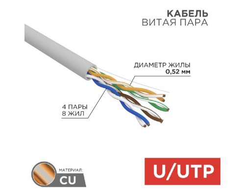 [Экранированная витая пара FTP (бухты)] Rexant (02-0022) Кабель витая пара F/UTP, CAT 5e, ZH нг(А)-HF, 2х2х0,52 мм, 24AWG, INDOOR, SOLID, серый, 305 м PRO