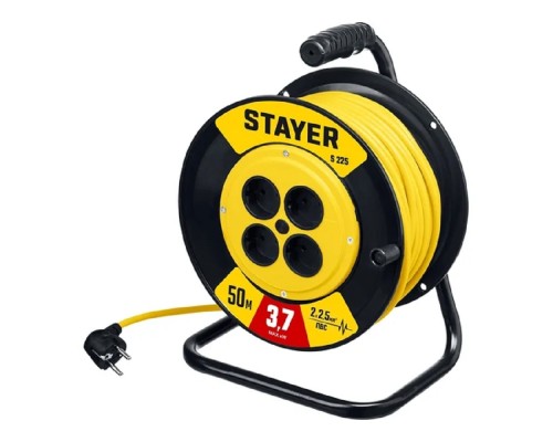 [Шпатели, мастерки, кельмы, терки, гладилки] Удлинитель силовой Stayer 55070-50, розеток 4шт, 2x2.5 кв.мм, 10A, 50м, ПВС, катушка, желтый
