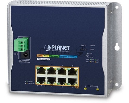 Коммутатор PLANET WGS-5225-8P2S IP30, IPv6/IPv4, L2+ 8-Port 10/100/1000T 802.3at PoE + 2-Port 1G/2.5G SFP Wall-mount Managed Switch (-40~75 degrees C, dual power input on 48-56VDC terminal block and power jack, ERPS Ring, 1588, Modbus TCP, ONVIF, SNMPv3,