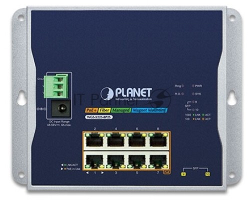 Коммутатор PLANET WGS-5225-8P2S IP30, IPv6/IPv4, L2+ 8-Port 10/100/1000T 802.3at PoE + 2-Port 1G/2.5G SFP Wall-mount Managed Switch (-40~75 degrees C, dual power input on 48-56VDC terminal block and power jack, ERPS Ring, 1588, Modbus TCP, ONVIF, SNMPv3,