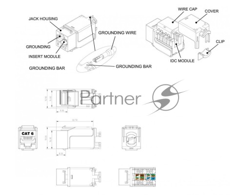 Вставка Keystone Jack RJ-45(8P8C) Hyperline KJNE-8P8C-C6-90-SH-F-WH, категория 6, экранированная, 110 IDC, заделка с помощью NE-TOOL, белая