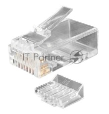 Разъем RJ-45(8P8C) Hyperline PLUG-8P8C-UV-C6-100 под витую пару, категория 6 (50 µ''/ 50 микродюймов), универсальный (для одножильного и многожильного кабеля), со вставкой (100 шт)