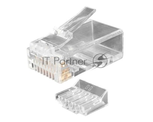 Разъем RJ-45(8P8C) Hyperline PLUG-8P8C-UV-C6-100 под витую пару, категория 6 (50 µ''/ 50 микродюймов), универсальный (для одножильного и многожильного кабеля), со вставкой (100 шт)