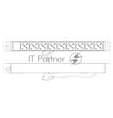 Блок силовых розеток Hyperline SHE19-(X)SH, Shuko х 9, вход IEC 320 C14, для шкафов, шнур 2,5 м, 44х482,6х44,4 мм (ВхШхГ), 16А, серый