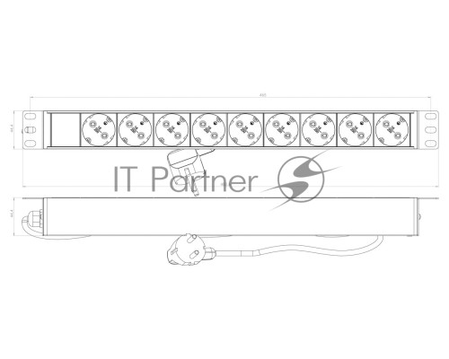 Блок силовых розеток Hyperline SHE19-(X)SH, Shuko х 9, вход IEC 320 C14, для шкафов, шнур 2,5 м, 44х482,6х44,4 мм (ВхШхГ), 16А, серый
