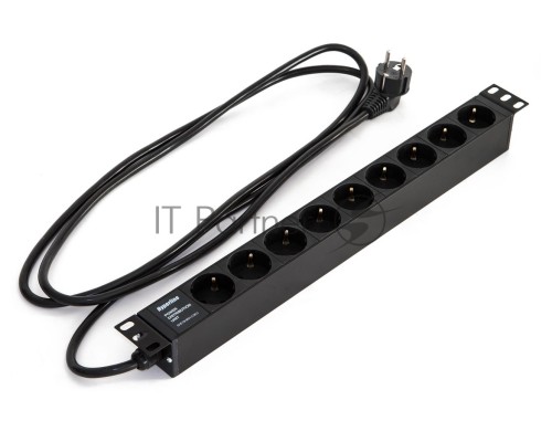 Блок силовых розеток Hyperline SHE19-(X)SH, Shuko х 9, вход IEC 320 C14, для шкафов, шнур 2,5 м, 44х482,6х44,4 мм (ВхШхГ), 16А, серый