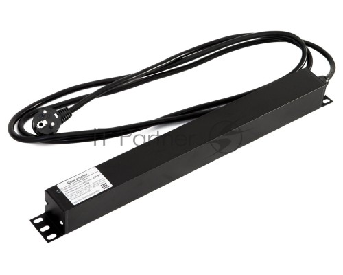 Блок силовых розеток Hyperline SHE19-(X)SH, Shuko х 9, вход IEC 320 C14, для шкафов, шнур 2,5 м, 44х482,6х44,4 мм (ВхШхГ), 16А, серый