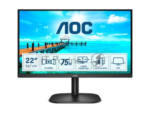 Монитор 21.5'' АОС 22B2D [16:9] 1920х1080(FHD) VA, nonGLARE, 250cd/m2, H178°/V178°, 3000:1, 20M:1, 16.7M, 4ms, VGA, DVI, Tilt, 3Y, Black