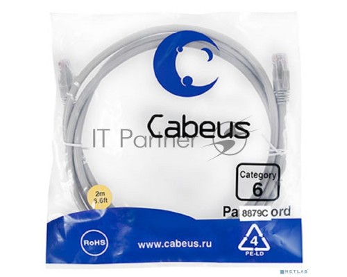 Шнур комм. Cabeus, кат. 6, неэкр., U/UTP, RJ45/RJ45, 250 МГц, LSZH, AWG24, 2м, серый