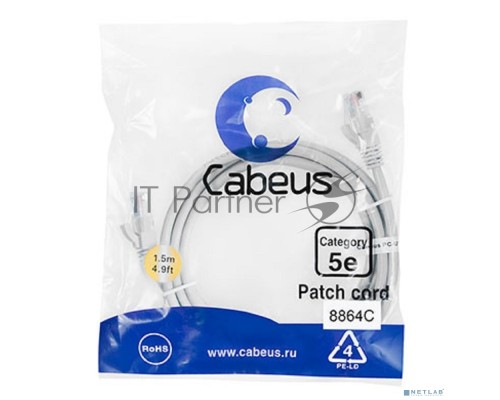 Шнур комм. Cabeus, кат. 5е, неэкр., U/UTP, RJ45/RJ45, LSZH, AWG24, 1.5м, серый