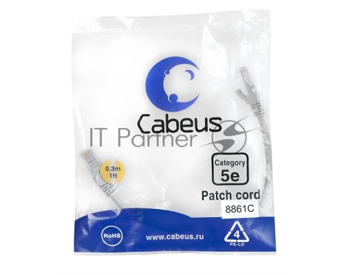 Шнур комм. Cabeus, кат. 5е, неэкр., U/UTP, RJ45/RJ45, LSZH, AWG24, 0.3м, серый