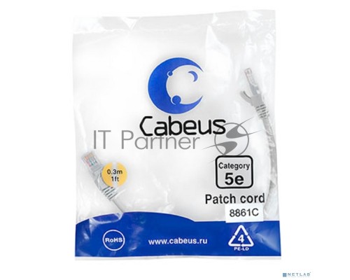 Шнур комм. Cabeus, кат. 5е, неэкр., U/UTP, RJ45/RJ45, LSZH, AWG24, 0.3м, серый