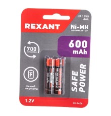 Rexant (30-1406) Аккумулятор Ni-MH AAA/HR03, 1,2В, 600мАч, 2 шт, блистер