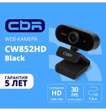 CBR CW 852HD Black, Веб-камера с матрицей 1,3 МП, разрешение видео 1280х720, USB 2.0, встроенный микрофон с шумоподавлением, фикс.фокус, крепление на мониторе, длина кабеля 1,5 м, цвет чёрный