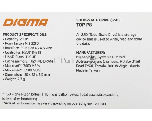 Накопитель SSD Digma PCI-E 4.0 x4 2Tb DGST4002TP83T Top P8 M.2 2280
