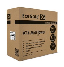 Компьютерный корпус Miditower ExeGate EVO-8225-NPX500 (ATX, БП 500NPX с вент. 12см, 2*USB+1*USB3.0, черный, 2 вент. с RGB подсветкой и полоса на передней панели, боковая панель - закаленное стекло)