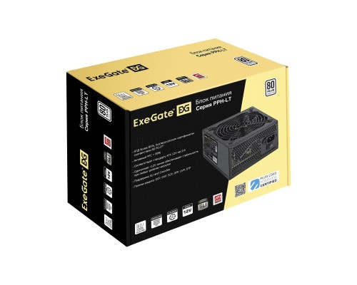 Блок питания 450W ExeGate 80 PLUS® 450PPH-LT (ATX, APFC, SC, КПД 82% (80 PLUS), 12cm fan, 24pin, (4+4)pin, PCIe, 5xSATA, 3xIDE, RTL, black, кабель 220V с защитой от выдергивания)
