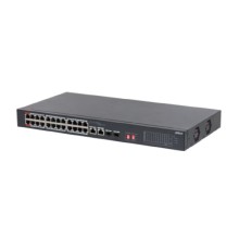 DAHUA DH-S3226-24ET-240 24-портовый неуправляемый коммутатор с РоЕ, 24xRJ45 100Mb PoE, 2хКомбо SFP/RJ45 1Gb uplink, суммарно 240Вт, коммутация 8.8 Гбит/с, MAC-таблица 8К