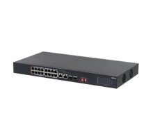 DAHUA DH-S3218-16ET-135 16-портовый неуправляемый коммутатор с РоЕ, 16xRJ45 100Mb, 2хКомбо SFP/RJ45 1Gb uplink, суммарно до 135Вт, коммутация 7.2 Гбит/с, MAC-таблица 8К