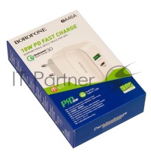 Зарядное устройство BOROFONE BA46A Premium, один порт USB, один порт Type-C, PD, 18W, 5V, 3.0A, белый