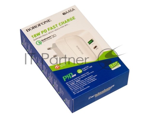 Зарядное устройство BOROFONE BA46A Premium, один порт USB, один порт Type-C, PD, 18W, 5V, 3.0A, белый