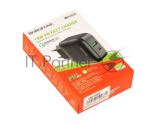 Зарядное устройство BOROFONE BA46A Premium, один порт USB, один порт Type-C, PD, 18W, 5V, 3.0A, черный