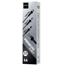 PERFEO Кабель USB A вилка - 3 в 1 (Micro+Type-C+8 PIN вилка), 3А, черный, длина 1,2 м., (U5002)