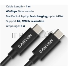 Кабель CANYON, U4-CC-5A1M-E, USB4 TYPE-C to TYPE-C cable assembly 40G 1m 5A 240W(ERP) with E-MARK, CE, ROHS, black