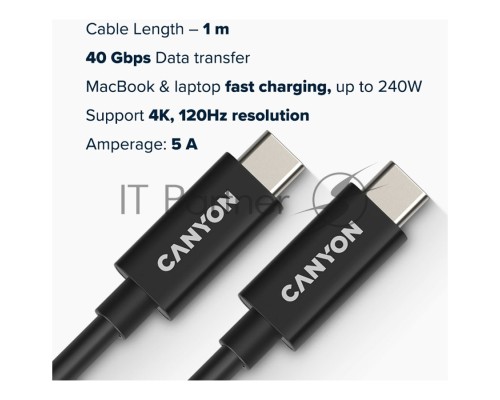Кабель CANYON, U4-CC-5A1M-E, USB4 TYPE-C to TYPE-C cable assembly 40G 1m 5A 240W(ERP) with E-MARK, CE, ROHS, black