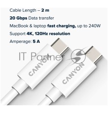 Кабель CANYON, U4-CC-5A2M-E, USB4 TYPE-C to TYPE-C cable assembly 20G 2m 5A 240W(ERP) with E-MARK, CE, ROHS, white