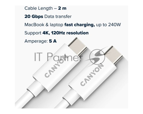 Кабель CANYON, U4-CC-5A2M-E, USB4 TYPE-C to TYPE-C cable assembly 20G 2m 5A 240W(ERP) with E-MARK, CE, ROHS, white