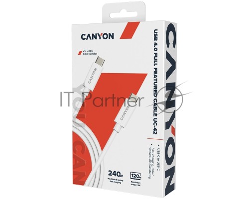 Кабель CANYON, U4-CC-5A2M-E, USB4 TYPE-C to TYPE-C cable assembly 20G 2m 5A 240W(ERP) with E-MARK, CE, ROHS, white