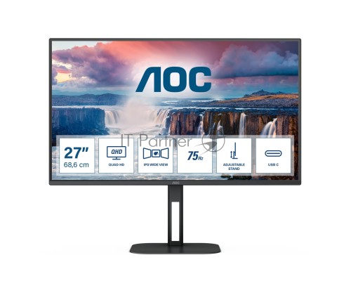 Монитор AOC LCD 27'' [16:9] 2560х1440(WQHD) IPS, nonGLARE, Нет, 75 Гц, 300cd/m2, H178°/V178°, 1000:1, 20M:1, 16,7 миллионов цветов, 1ms, HDMI, DP, USB-Hub, Height adj, Pivot, Tilt, Swivel, Speakers, Audio out, 3Y, Black