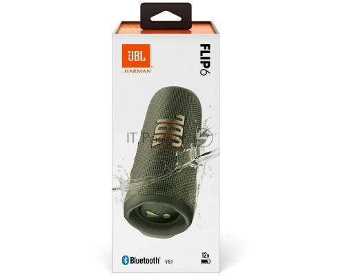 Портативная акустика JBL Flip 6 зеленый, Bluetooth 5.1, время воспроизведения музыки 12 ч, емкость аккумулятора 4800 mAh, время заряда аккумулятора 2,5 ч, цвет зеленый