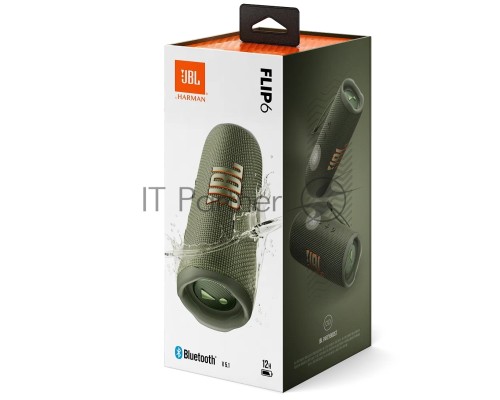 Портативная акустика JBL Flip 6 зеленый, Bluetooth 5.1, время воспроизведения музыки 12 ч, емкость аккумулятора 4800 mAh, время заряда аккумулятора 2,5 ч, цвет зеленый