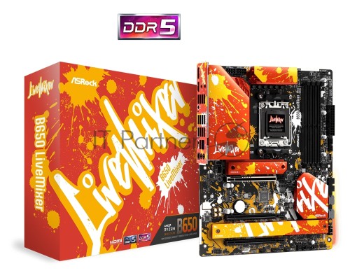 Материнская плата ASRock B650 LiveMixer, Socket AM5, AMD B650, 4xDDR5-5200, HDMI+DP, 3xPCI-Ex16, 2xSATA3(RAID 0/1/10), 3xM.2, 8 Ch Audio, 1x2.5GLan, (8+4)xUSB2.0, (5+4)xUSB3.2, (1+1)xUSB3.2 Type-C™, ATX, RTL, {5}