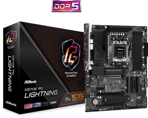 Материнская плата ASRock X670E PG Lightning, AM5, AMD X670, 4xDDR5, 4xSATA, 4xM.2, 1xPCI-E 5.0 x16, 1xPCI-E 4.0 x4, 1xPCI-E 4.0 x1, 1xHDMI, 1xDP, 1x 2.5Gb LAN, 6xUSB-A 3.2 Gen 1, 1xUSB-A 3.2 Gen 2, 4xUSB-A 2.0, 1xUSB-C 3.2 Gen 2x2, 3x3.5 мм, 7.1, ATX