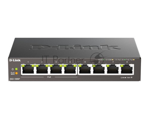 Коммутатор D-Link DGS-1008P/F1A 8G 4PoE+ 80W неуправляемый