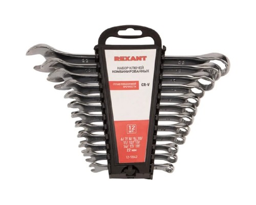 [Ключи, наборы Rexant, Kranz] Rexant (12-5842) Набор ключей комбинированных (6-14, 17, 19, 22мм) 12 шт, CrV, зеркальное хромирование