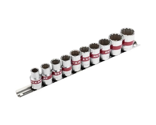 [Ключи, наборы Rexant, Kranz] Rexant (12-8304) Набор торцевых головок 1/2, двенадцатигранные, CrV, 10 шт., 10-24мм