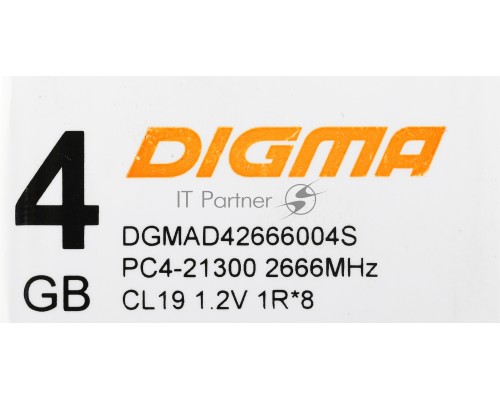 Оперативная память Digma 4Gb DDR4 2666MHz DIMM DGMAD42666004S RTL PC4-21300 CL19 DIMM 288-pin 1.2В single rank