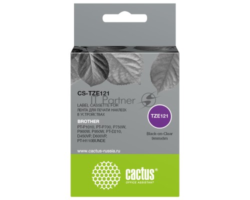 Картридж ленточный Cactus CS-TZE121 TZe-121 черный для Brother PT-P1010, PT-P700, P750W, P900W, P950W, PT-D210, D450VP, D600VP, PT-H110BUNDE