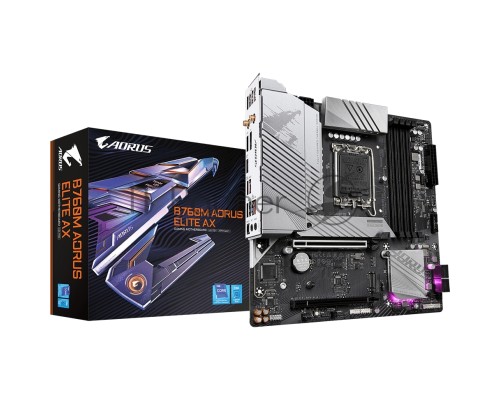 Материнская плата Gigabyte B760M AORUS ELITE AX, LGA 1700, Intel B760, 4xDDR5, 4xSATA, 2xM.2, 1xPCI-E 4.0 x16, 1xPCI-E 4.0 x4, 1xHDMI, 1xDP, 1x 2.5Gb LAN, 1xUSB 3.2 Gen 2, 3xUSB-A 3.2 Gen 1, 4xUSB-A 2.0, 2x3.5 мм, 7.1, Micro-ATX