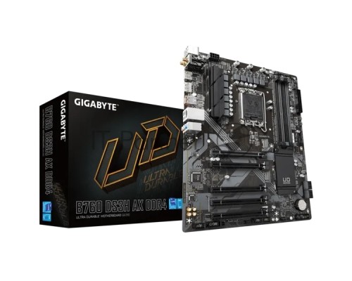 Материнская плата GIGABYTE B760 DS3H AX DDR4, LGA 1700, Intel B760, 4xDDR4, 4xSATA, 2xM.2, 1xPCI-E 4.0 x16, 4xPCI-E 3.0 x1, 1xHDMI, 1xDP, 1x 1Gb LAN, 4xUSB-A 2.0, 1xUSB-A 3.2 Gen 2, 1xUSB-C 3.2 Gen 2, 3x3.5 мм, 7.1, ATX.
