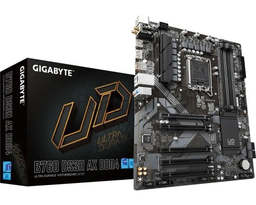 Материнская плата GIGABYTE B760 DS3H AX DDR4, LGA 1700, Intel B760, 4xDDR4, 4xSATA, 2xM.2, 1xPCI-E 4.0 x16, 4xPCI-E 3.0 x1, 1xHDMI, 1xDP, 1x 1Gb LAN, 4xUSB-A 2.0, 1xUSB-A 3.2 Gen 2, 1xUSB-C 3.2 Gen 2, 3x3.5 мм, 7.1, ATX.